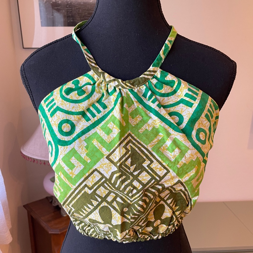 One of a kind perfect condition 70s hand made Green Patterned Halter Top-